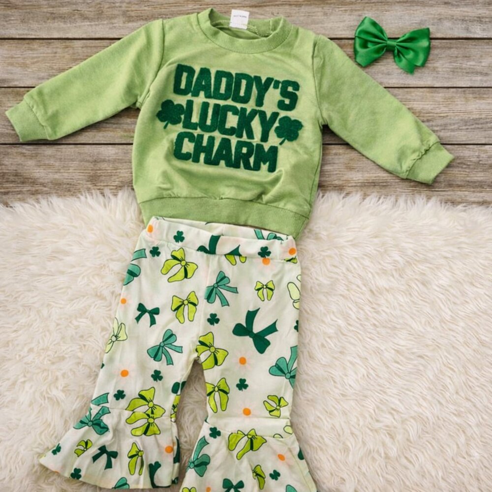 🍀💚 Little Girl's Shamrock & Ruffles St. Patrick's Day Outfit w/ Bow (Size 12-1